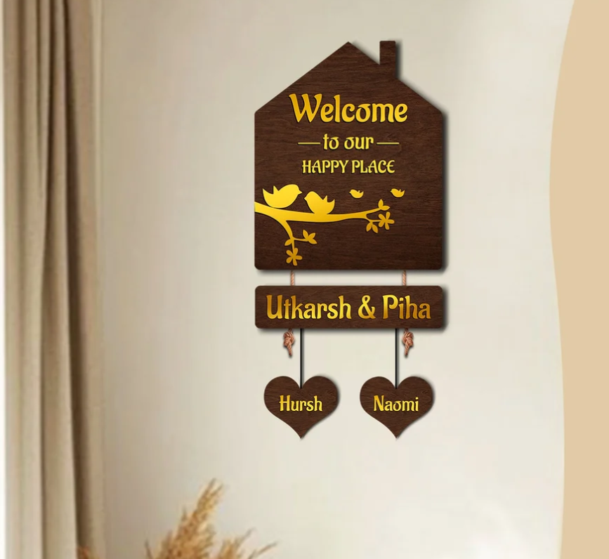 Premium 3D Brown Hut Style Name Plate With Golden Acrylic