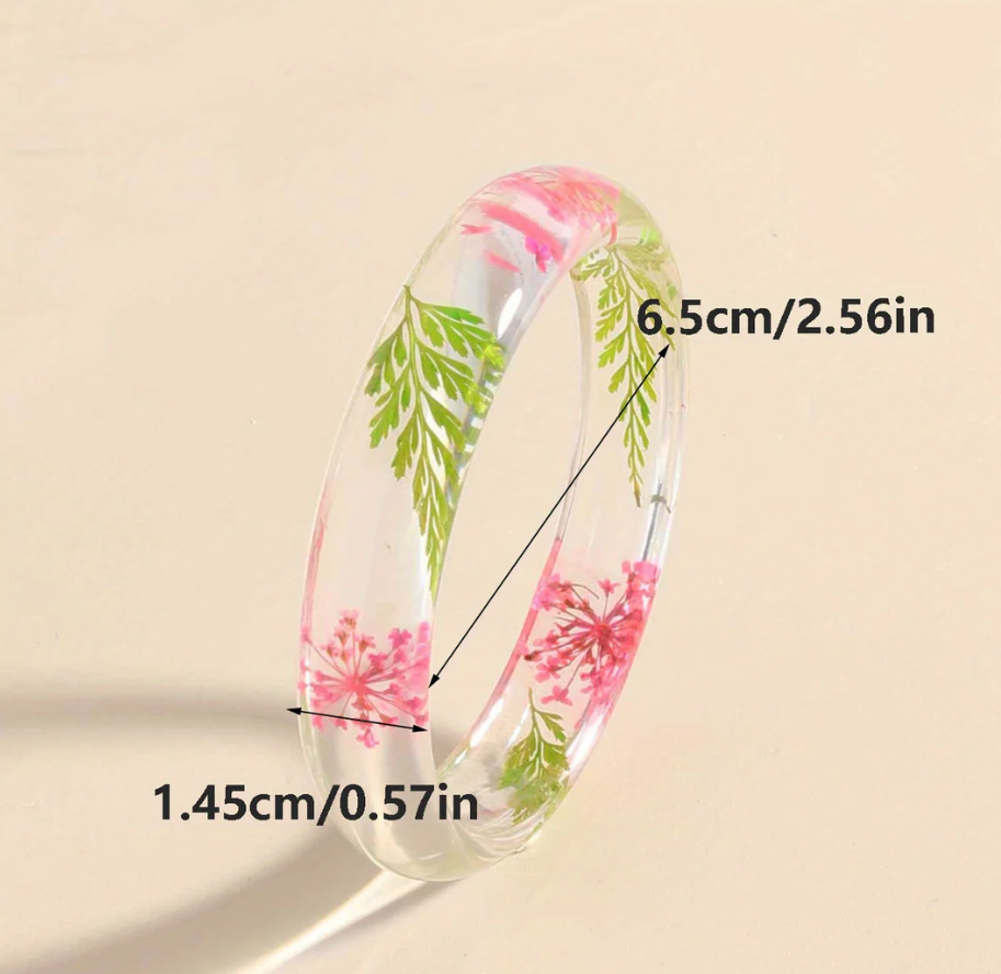 Boho Clear Resin Flower Bangle Bracelet - Vintage Floral Hand Jewelry