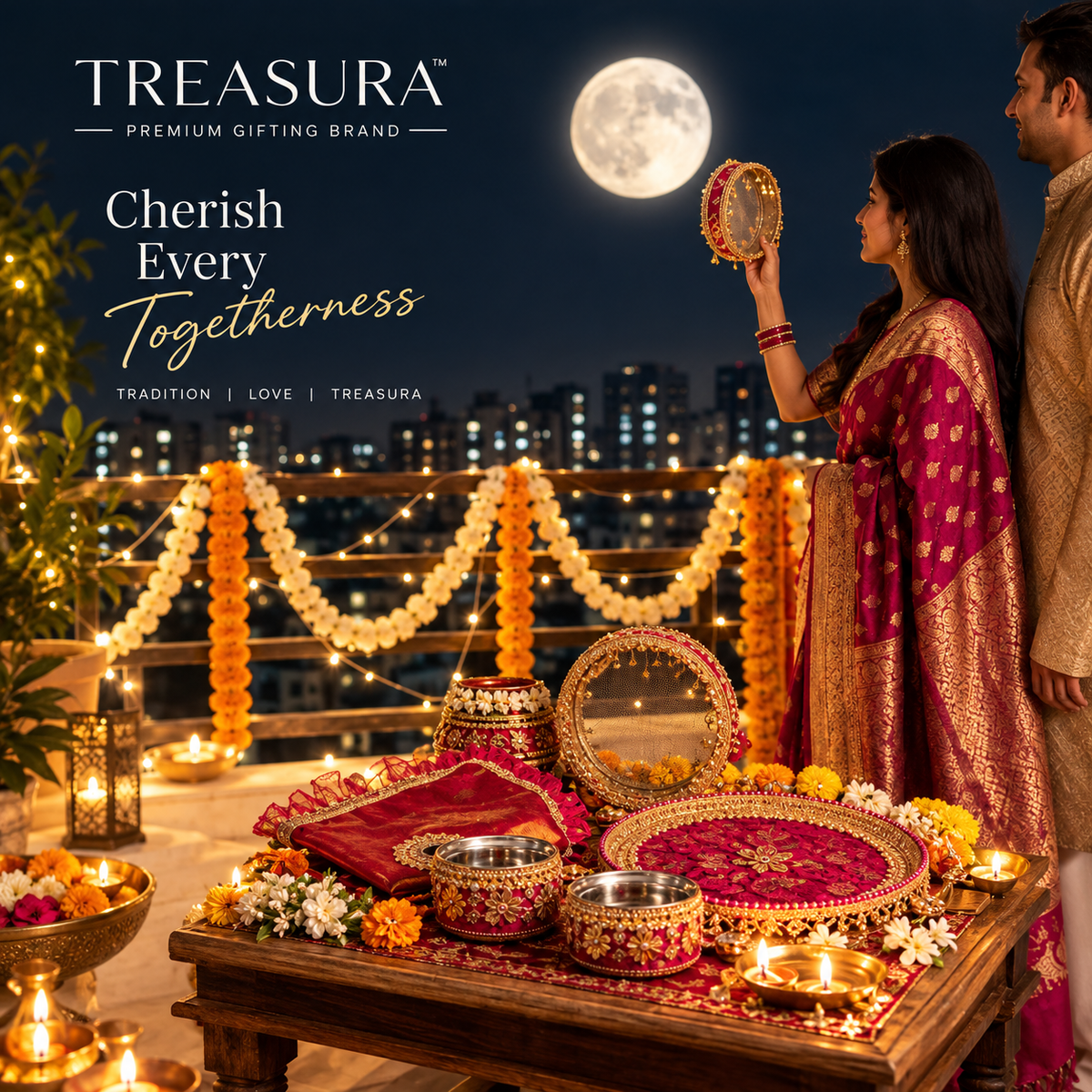 Royal Embroidered Karwa Chauth Thali Set with Channi & Decorative Bowls