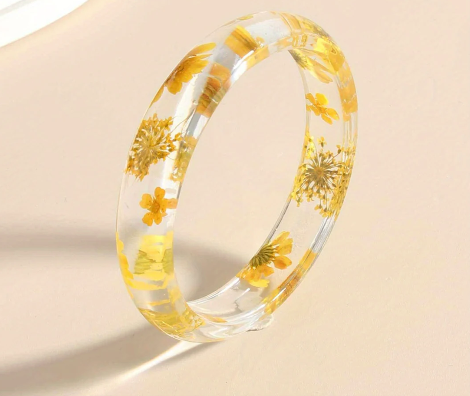 Boho Clear Resin Flower Bangle Bracelet - Vintage Floral Hand Jewelry