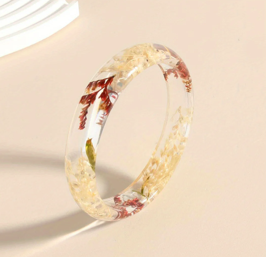 Boho Clear Resin Flower Bangle Bracelet - Vintage Floral Hand Jewelry