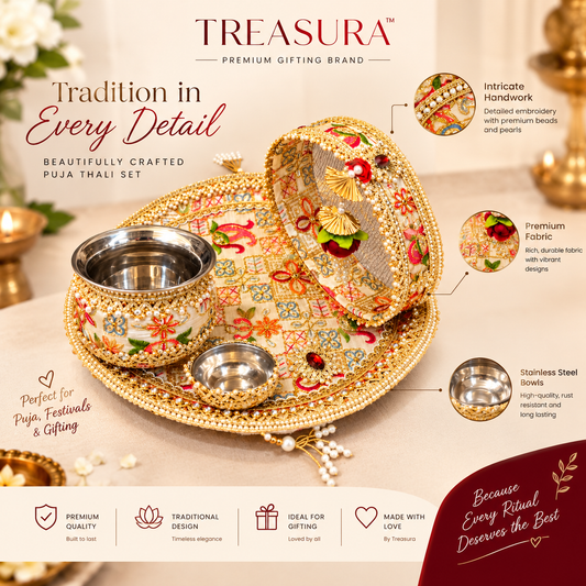 Royal Embroidered Karwa Chauth Thali Set with Channi & Decorative Bowls