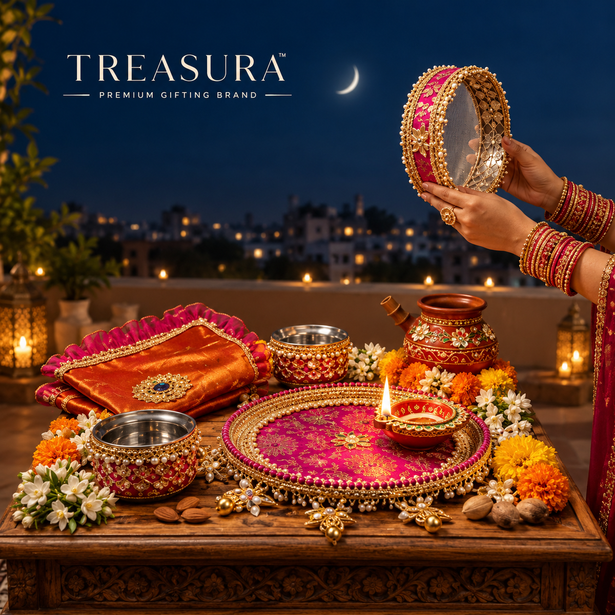 Royal Embroidered Karwa Chauth Thali Set with Channi & Decorative Bowls