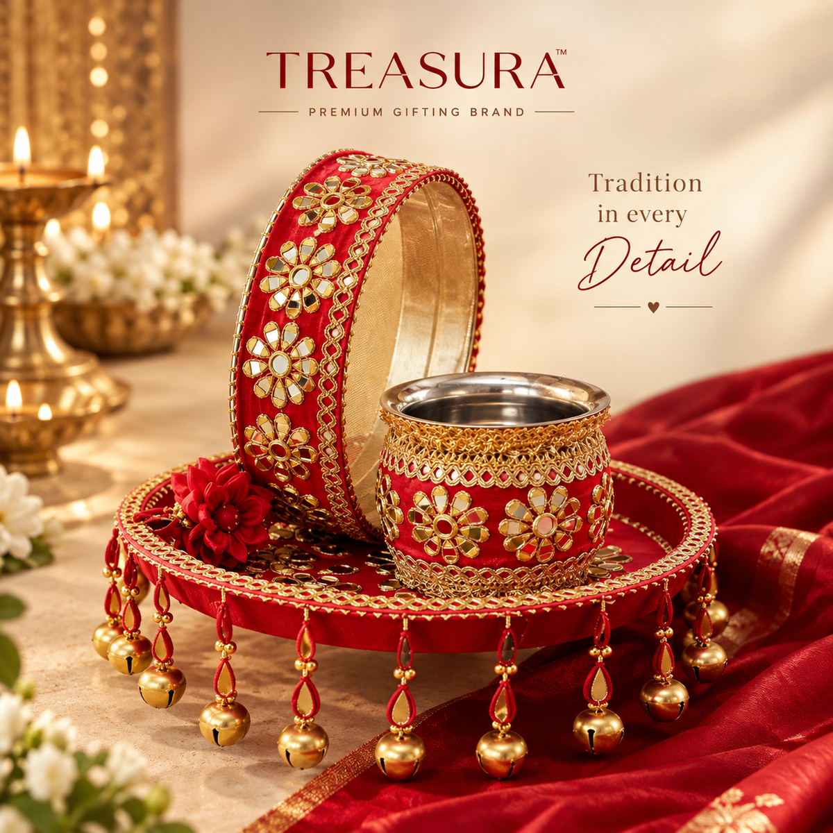 Royal Embroidered Karwa Chauth Thali Set with Channi & Decorative Bowls